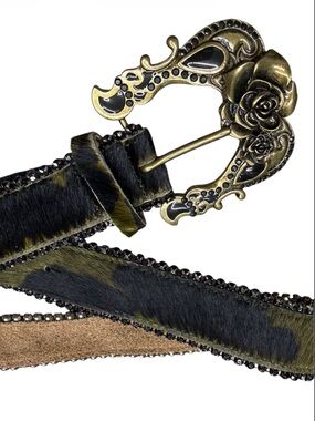 Betsey Johnson Camo Calf Hair Belt Brass Rose Buckle Vintage Rocker Y2K